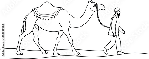 Line Art Illustration of Camel and Man Walking in the Desert, Simple Drawing for Travel, Adventure, and Desert Life
