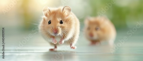 Two cute hamsters scurry across a surface, showcasing their fluffy fur and curious expressions in a bright, soft-focus environment.