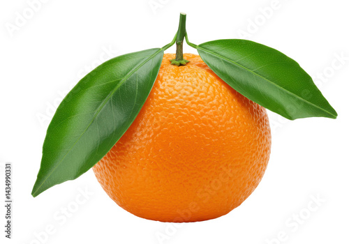 Close up of a fresh orange with leaves isolated on transparent background