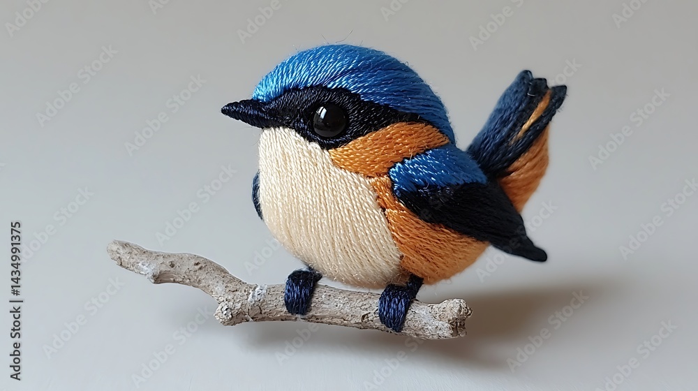 Tiny embroidered bird on branch