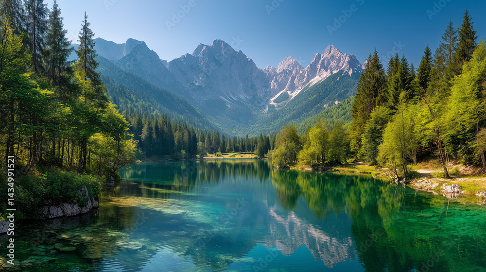 Fototapeta premium Colorful summer view of Fusine lake. Bright morning scene of Julian Alps with Mangart peak on background, Province of Udine, Italy, Europe. Traveling concept background