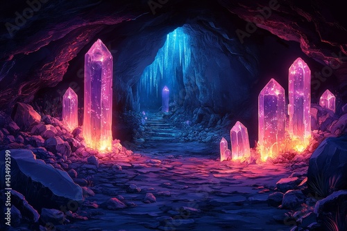 Glowing crystals illuminate cave path; fantasy background, game asset