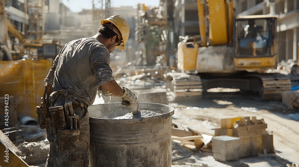 Construction Worker Mixing Cement on Site Construction Worker Mixing Cement on Site