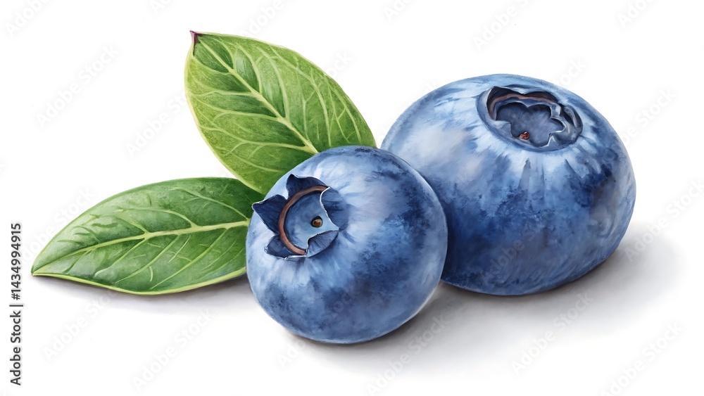 Obraz premium A hyper realistic blueberry on a white background. The blueberry is depicted in vivid detail with natural textures, realistic color tones, and subtle imperfections
