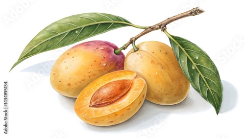 A hyper realistic marian plum on a white background. The marian plum is depicted in vivid detail with natural textures, realistic color tones, and subtle imperfections