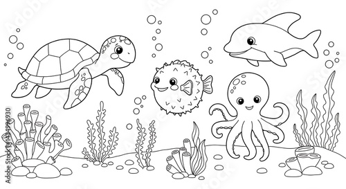sea underwater animals for kids outlined colouring page cute with white background
