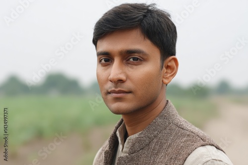 minimalistic portrait of individual of any race age or gender against blurred rural background emphasizing peaceful