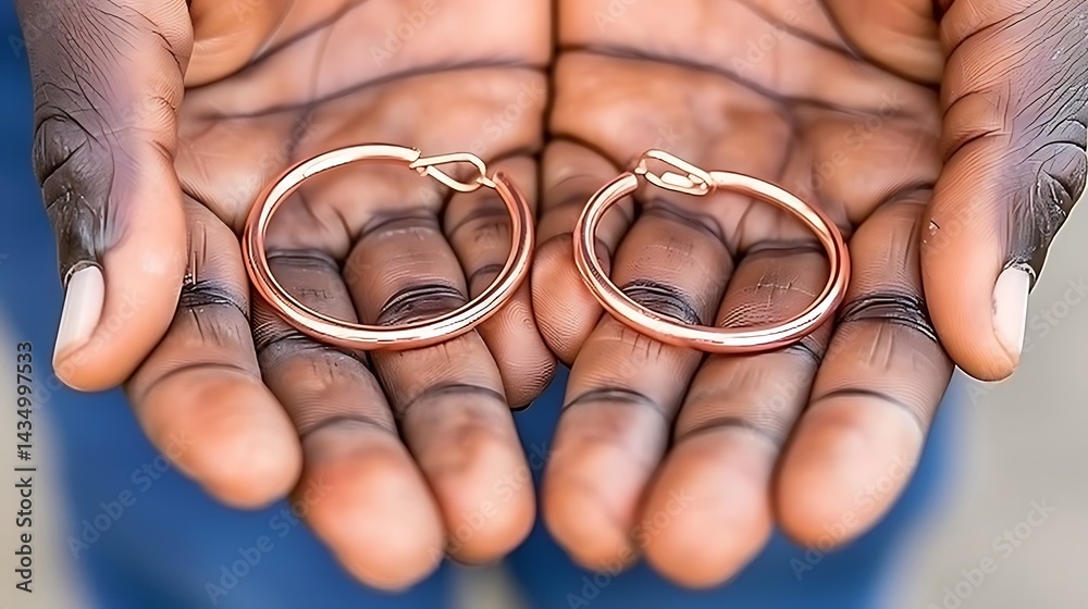 Offering elegance: A pair of rose gold hoop earrings presented in outstretched hands Offering elegance: A pair of rose gold hoop earrings presented in outstretched hands