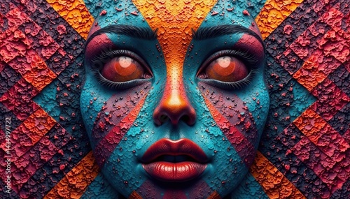 Symmetrical lines form a geometric face pattern on a textured surface , texture, background, artistic