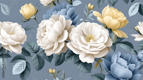 Fototapeta Naklejka Na Ścianę i Meble -  Vintage Floral Pattern with Cream and Blue Flowers on Soft Gray Background for Elegant Decor
