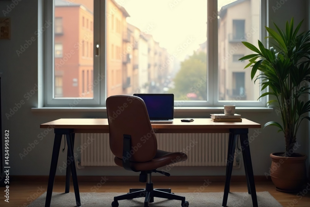 Fototapeta premium Empty chair at desk facing window, laptop closed, pause, nature
