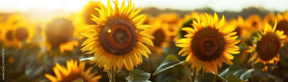 Fototapeta premium A vibrant field of sunflowers basking in sunlight, showcasing their golden petals and large centers, creating a cheerful and lively atmosphere.