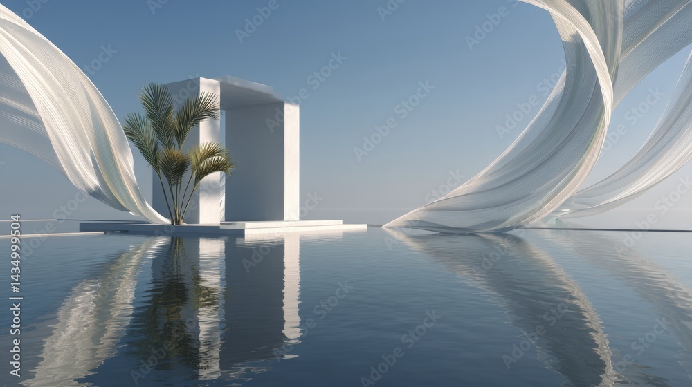 Fototapeta premium 3d background product display podium scene with leaf geometric platform,cloud and sky, palm shadows and white stone podium,Mockup for eco beauty cosmetic advertising,Copy space.