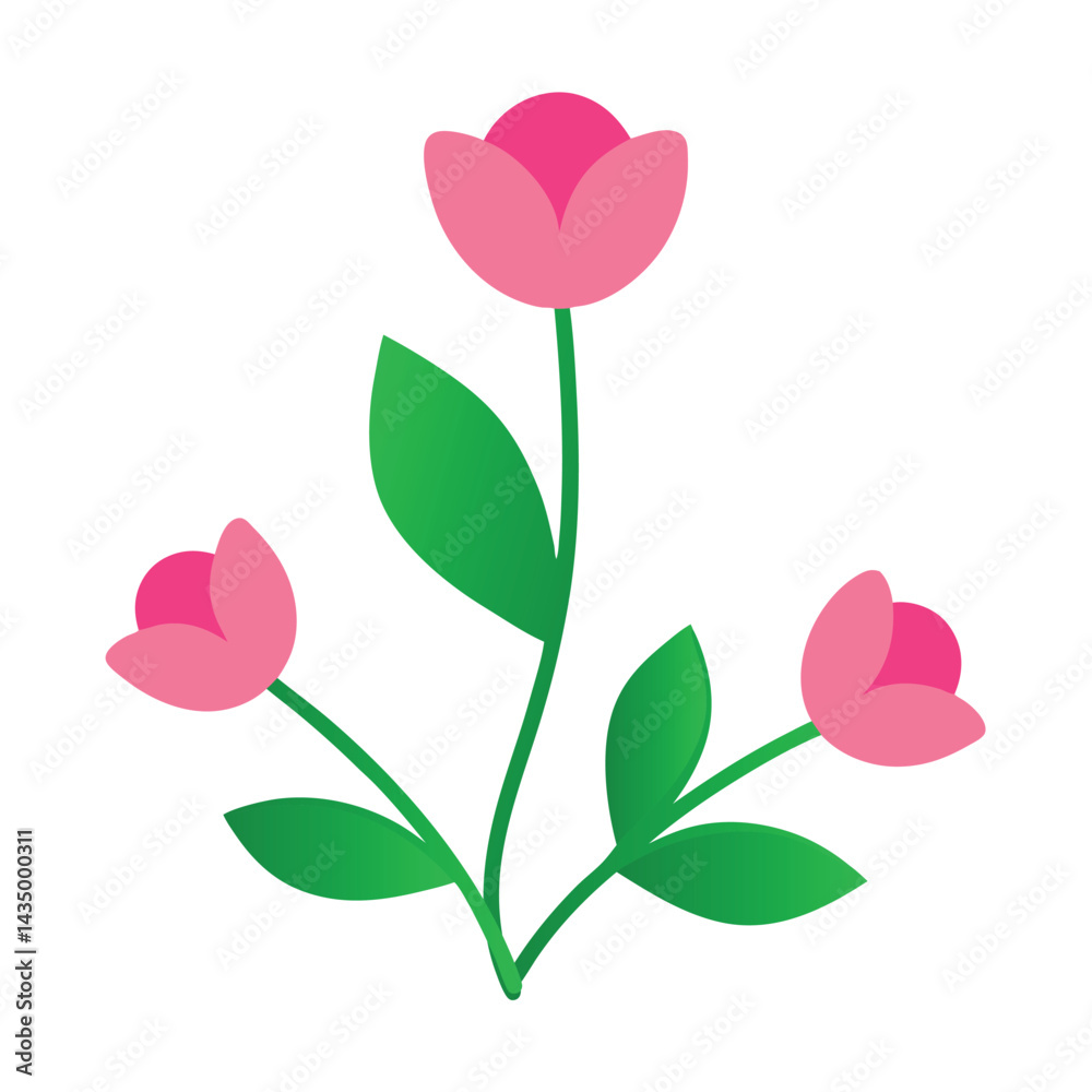 Fototapeta premium Three pink flowers with green leaves on a white background vector illustration