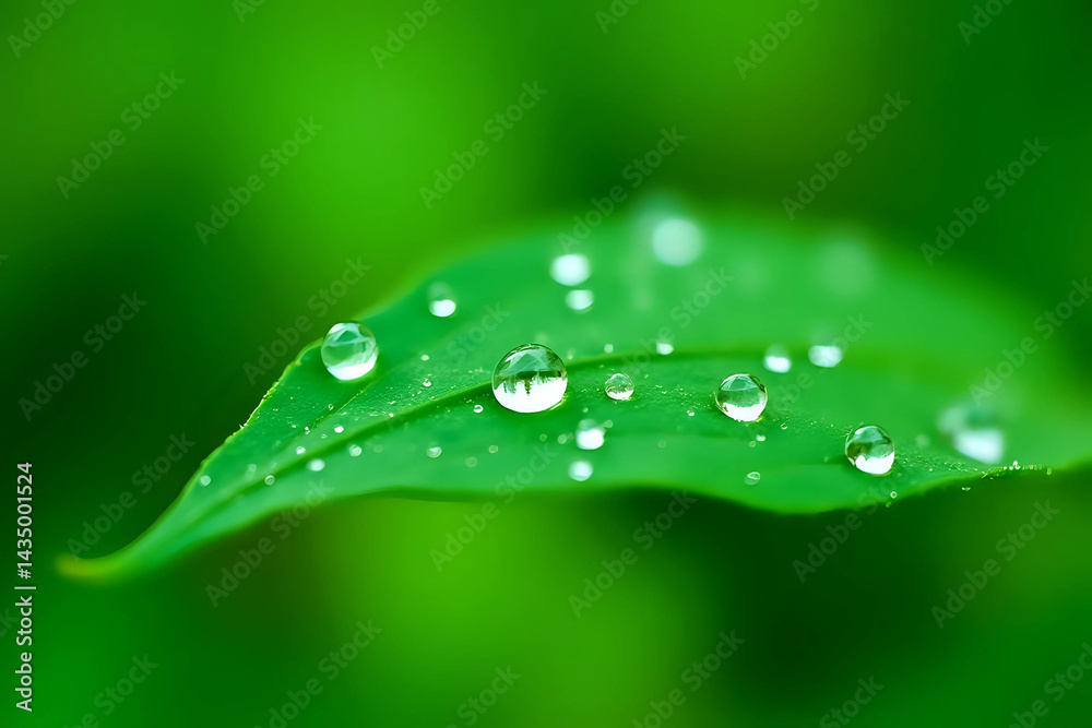 Fototapeta premium Beautiful details of nature. Morning dew drops on fresh green leaf. Summer nature macro pattern, fresh rain drops on green leaf. Peaceful tranquil ecology Beauty in nature.