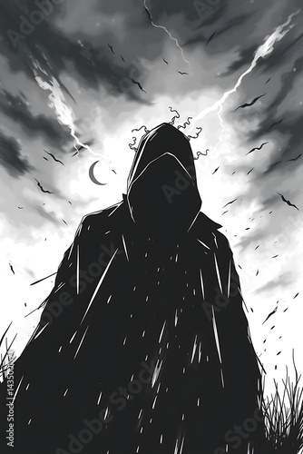 Mysterious figure in dark cloak, stormy night