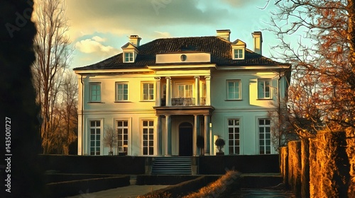 Detached house building in Classicism style architecture in an suburban area environment