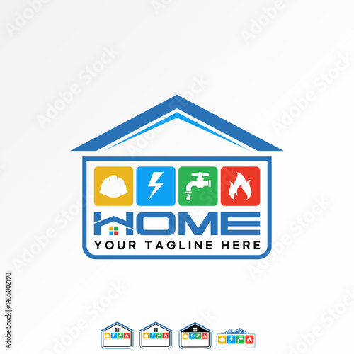 Logo design graphic concept creative premium vector stock image top sell helmet thunder water tap fire flames roof house home electric project service