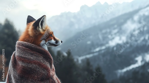 A fox gazing at the distant mountains, wrapped in a cozy scarf
