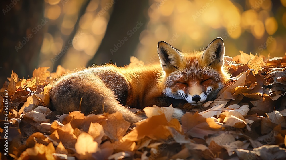 Naklejka premium A fox lying on a soft pillow inside a wooden cabin, minimal cozy