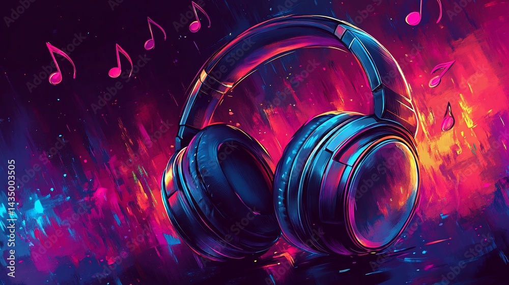 Fototapeta premium Artistic headphones with musical notes on a colorful, vibrant background