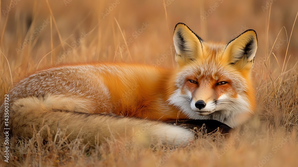 Fototapeta premium A fox lying on a soft pillow inside a wooden cabin, minimal cozy