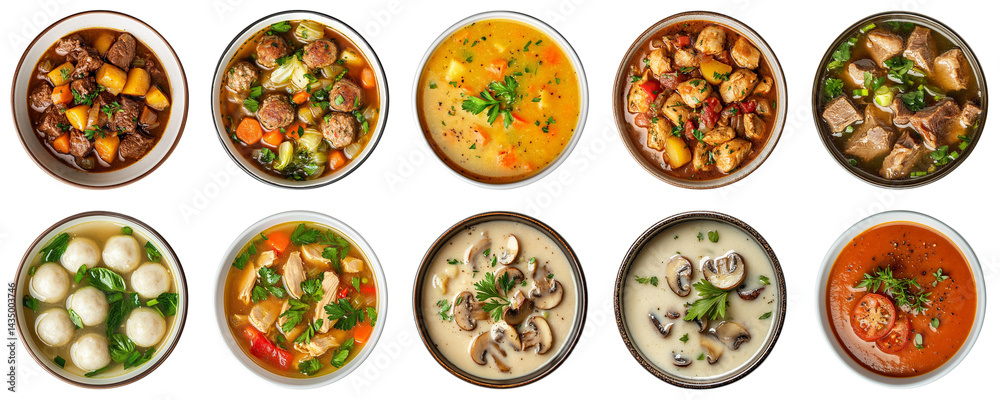 Assorted Hearty Soups and Stews in Bowls Presenting Various Colors, Ingredients, and Texture for Comfort Food Inspiration and Culinary Creativity. Piquant food set. Assorted Hearty Soups and Stews in Bowls Presenting Various Colors, Ingredients, and Texture for Comfort Food Inspiration and Culinary Creativity. Piquant food set.