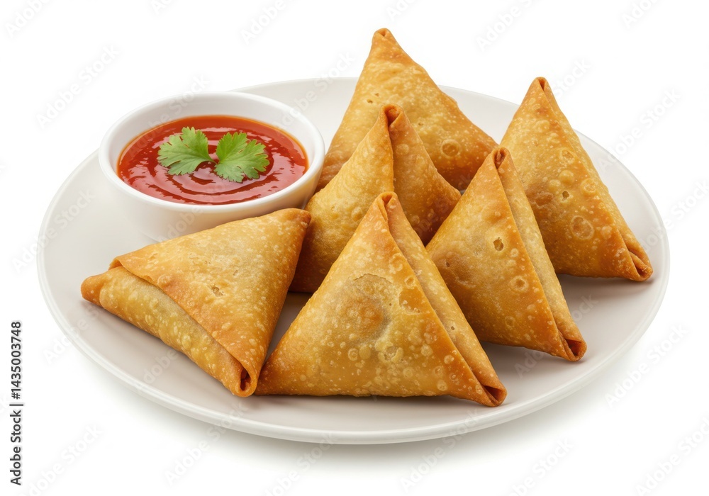 Samosas with sauce on plate isolated on white background Samosas with sauce on plate isolated on white background