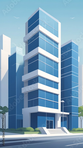 Modern Skyscraper Architecture: Blue Glass Facade in Urban Cityscape with Greenery - Futuristic Design in Downtown Business Environment