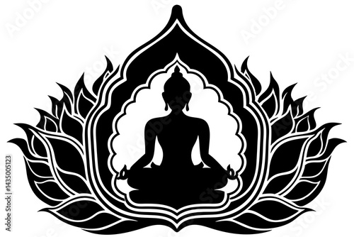 Silhouette of Buddha Sitting in Lotus Pose with Flame Temple Border Vector Spiritual Illustration on White Background