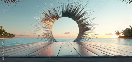 A vibrant sunset scene featuring a circular sculpture over water, framed by palm trees and a wooden dock, creating a serene and artistic atmosphere.