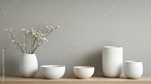 A minimalist arrangement of white pottery vases with delicate flowers, set against a soft gray wall and natural wooden surface.