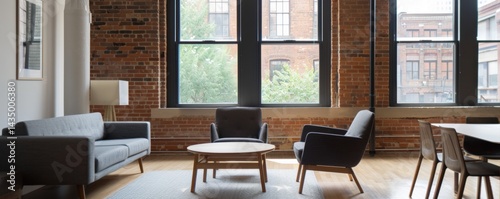 A stylish, modern living room featuring brick walls, large windows, and contemporary furniture, creating a warm and inviting atmosphere.