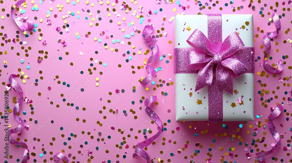 Fototapeta premium Pink backdrop with a white gift and confetti