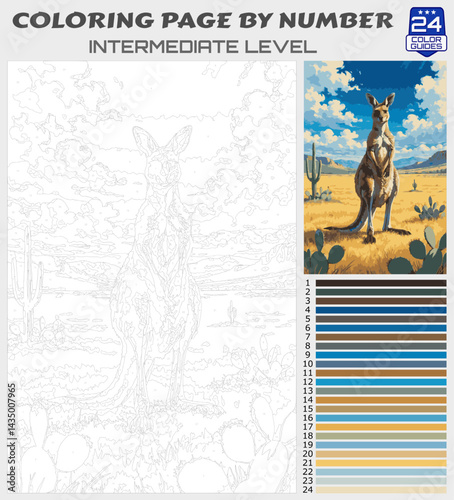 Coloring Page by Numbers - Kangaroo in Desert Outback with Cactus and Blue Sky - Intermediate Paint by Number Template with 24 Color Palette for All Ages