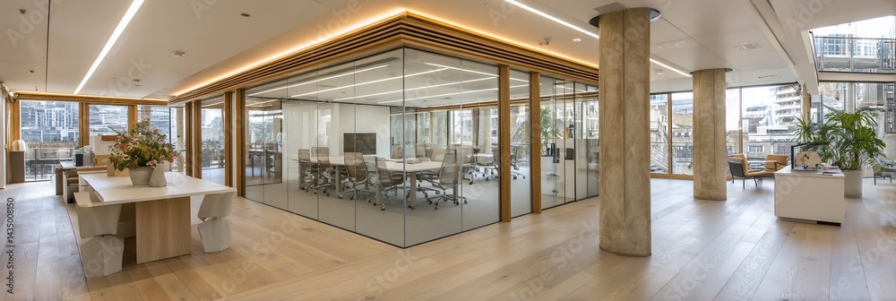 Obraz premium Modern open-plan office space with glass partitions and natural light