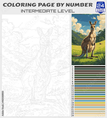 Coloring Page by Numbers - Kangaroo in Australian Outback Landscape - Intermediate Level Paint by Number Template with 24 Color Palette for Kids and Adults