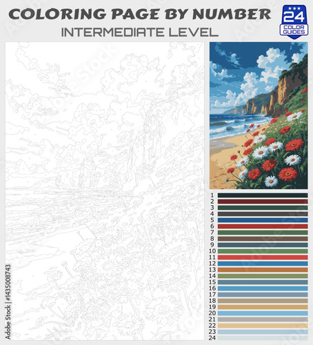 Coloring Page by Numbers - Coastal Cliff and Ocean Beach with Wildflowers - Intermediate Level Paint by Number Landscape Template with 24 Color Palette