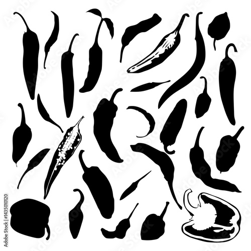 Pepper and paprika silhouette collection, Set of sweet and hot pepper silhouettes. Vector illustration