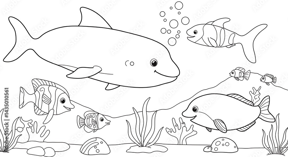 Fototapeta premium sea underwater animals for kids outlined colouring page cute with white background