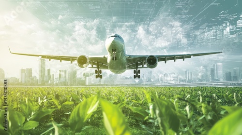 Promotional materials for SAF, highlighting benefits to passengers and environmental impact, with visuals of aircraft and infographics on emissions reduction and sustainable transportation photo