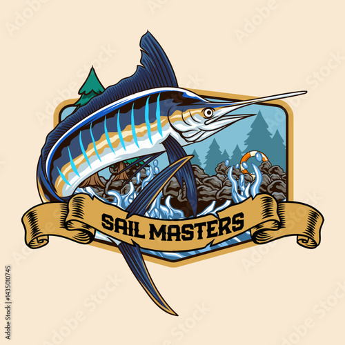 Sailfish Logo in Colorful Vector Cartoon Illustration for sticker badge emblem t-shirt banner invitation