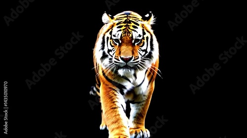 Powerful Tiger Striding Against a Black Background