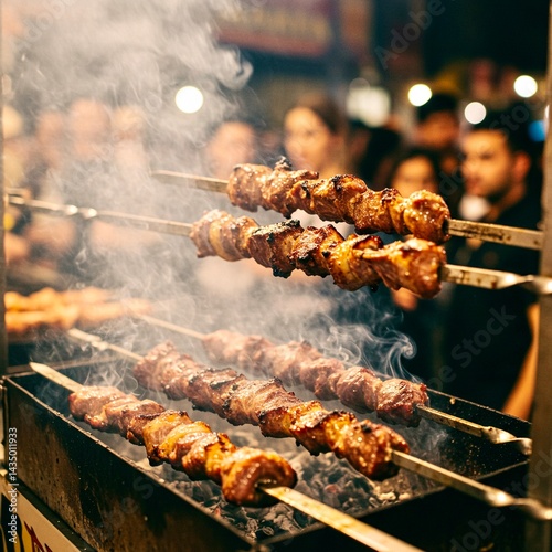 A crowd of South Asian people watch skewers of meat, likely shish kebab.