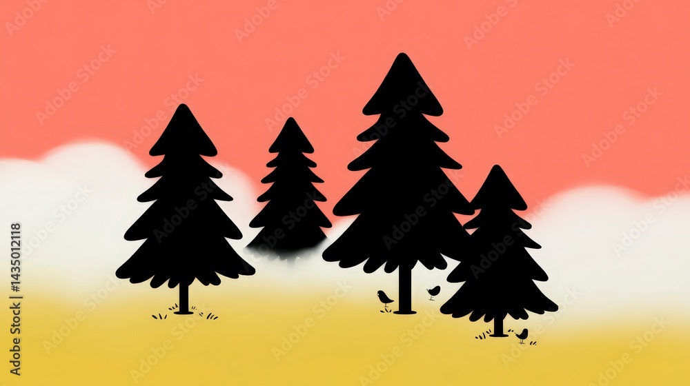 Obraz premium Serene Sunrise Misty Pine Forest Silhouette Illustration