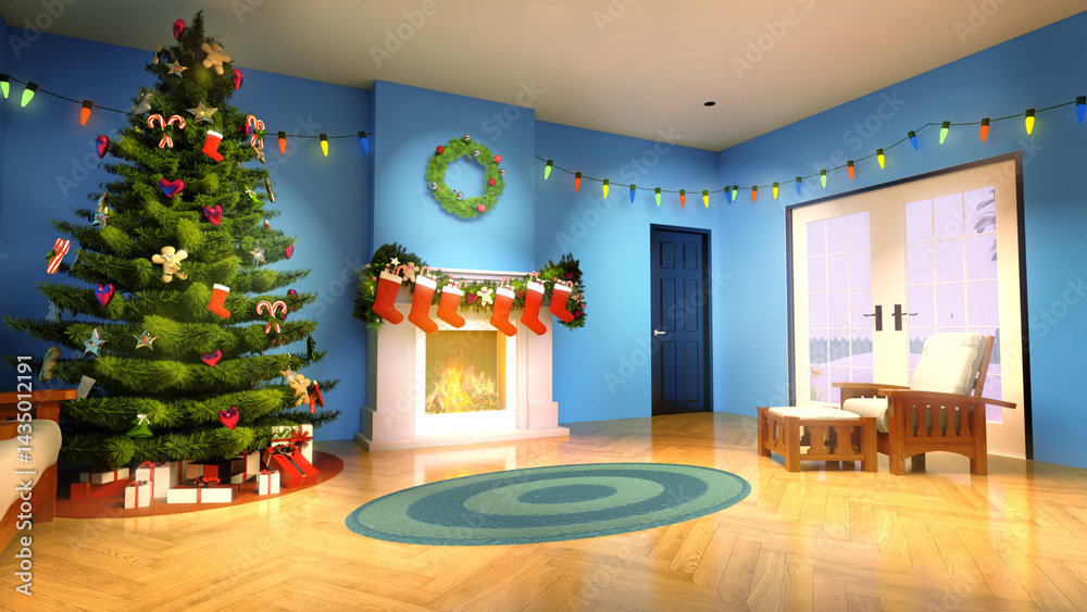 christmas room with fireplace
