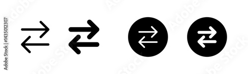 Data transfer icon set with bidirectional arrows in outline, bold, and circular styles representing file exchange, synchronization, communication, system update, and network sharing concepts