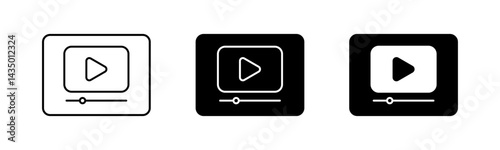 Video player icon set with play button and progress bar in outline, solid, and filled styles for multimedia interface, playback controls, and web or mobile UI design applications