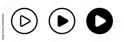 Play button icon set with circular border in outline, solid, and filled styles for multimedia interface, video player control, mobile app design, and digital media playback graphics