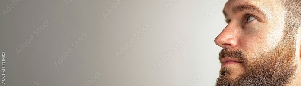 Fototapeta premium A close-up of a man with a beard looking thoughtfully to the side, showcasing a neutral background and emphasizing facial features and expression.